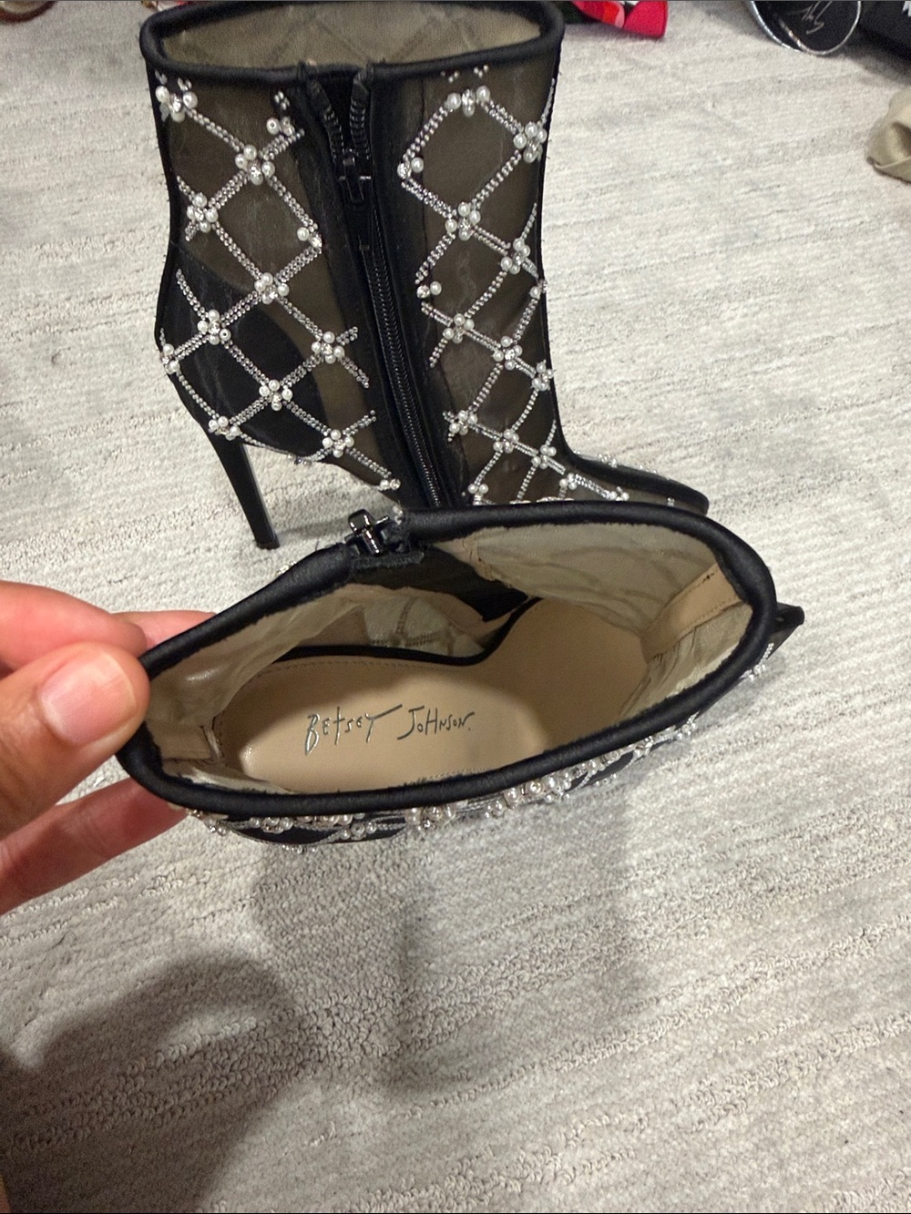 Betsey Johnson Black Mesh Ankle Boots with Pearl & Crystal Lattice - Picture 3 of 7